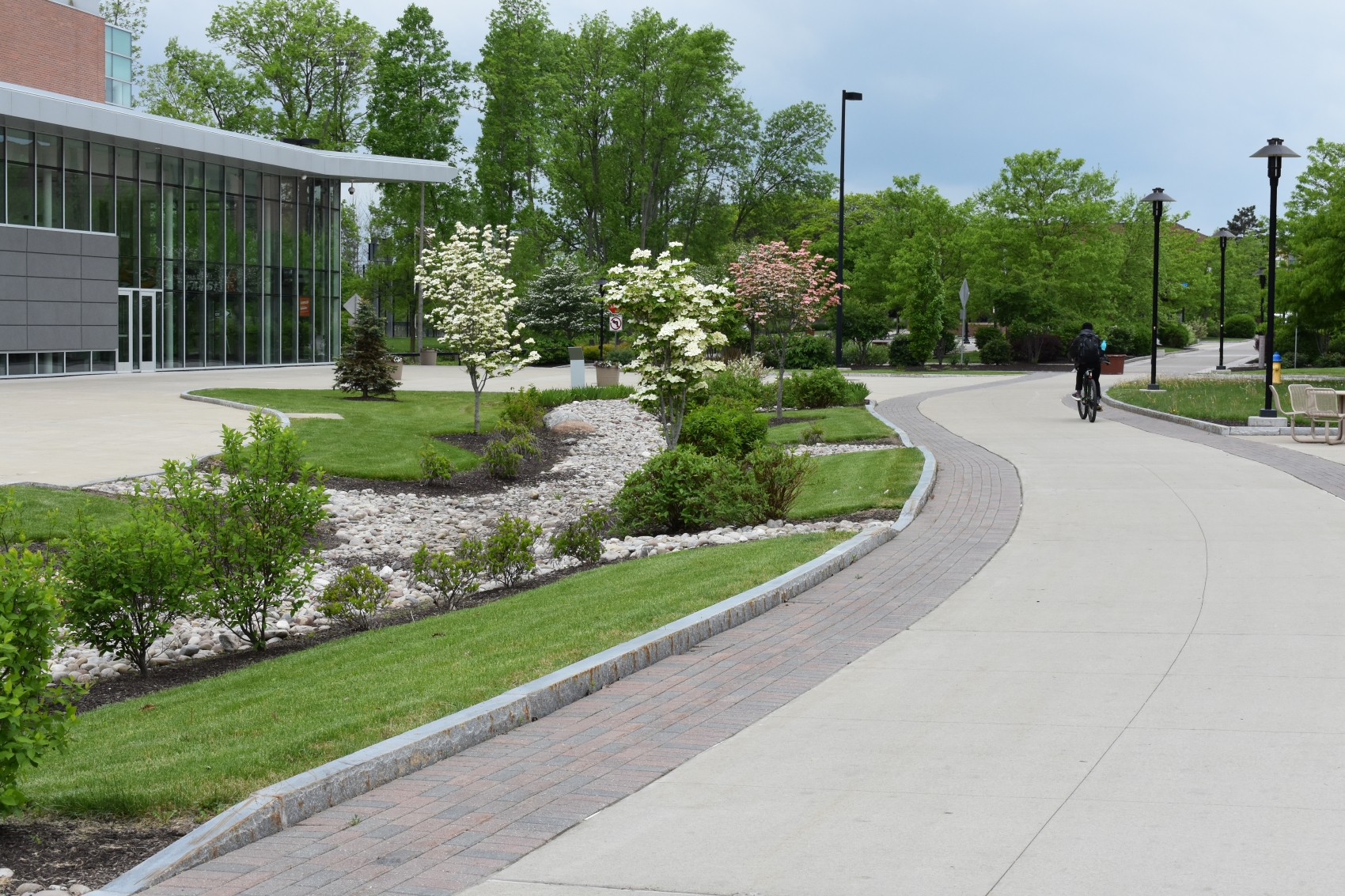 Green infrastructure installations along a walkway at RIT.