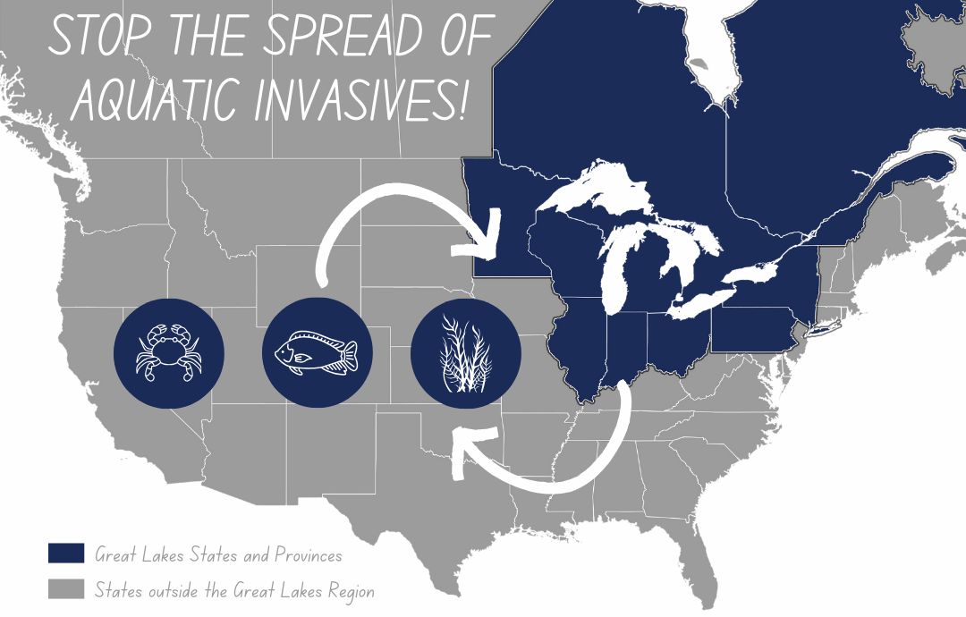 GLDIATR-Stop-the-Spread Decorative image of North America and "Stop the Spread of Aquatic Invasives!"