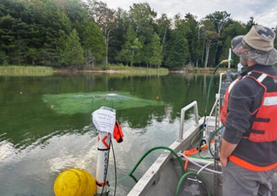 Treatment of a small area with carbon dioxide infusion under a benthic mat. The study was conducted in an inland lake in Sleeping Bear Dunes National Lakeshore and compared the mortality of zebra mussels under benthic mats and mats with carbon dioxide.